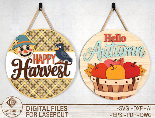Happy Harvest Scarecrow and Hello Autumn Door Hanger SVG Set for Glowforge xTool LightBurn 2 Designs