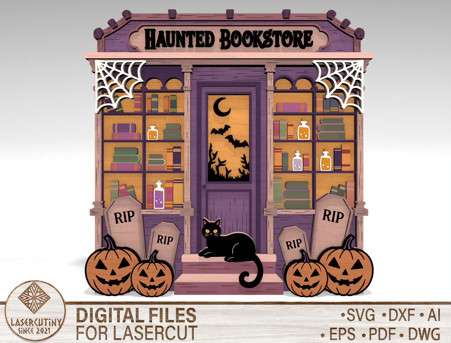 Haunted Bookstore Halloween SVG Laser Cut Shelf Decor for Glowforge