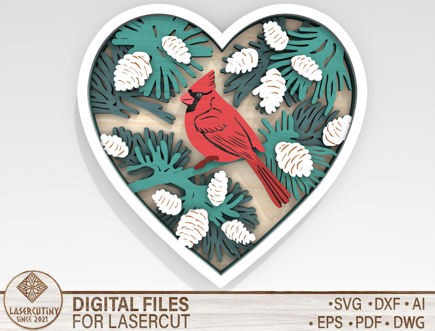 Cardinal Heart Multilayer SVG Winter Bird Layered Wall Decor Laser Cut File for Glowforge and LightBurn