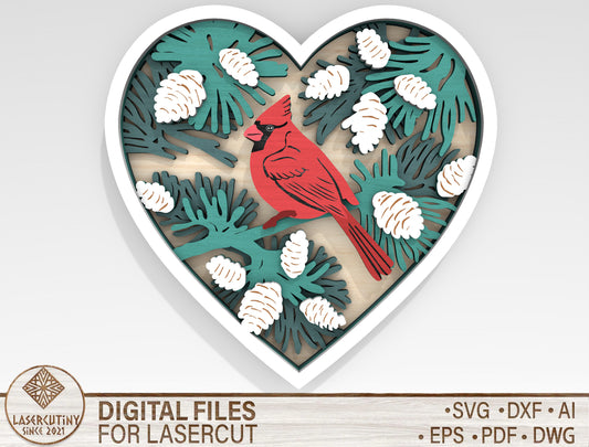 Cardinal Heart Multilayer SVG Winter Bird Layered Wall Decor Laser Cut File for Glowforge and LightBurn