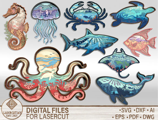 Multilayer Ocean Animal SVG Bundle Laser Cut File for Glowforge
