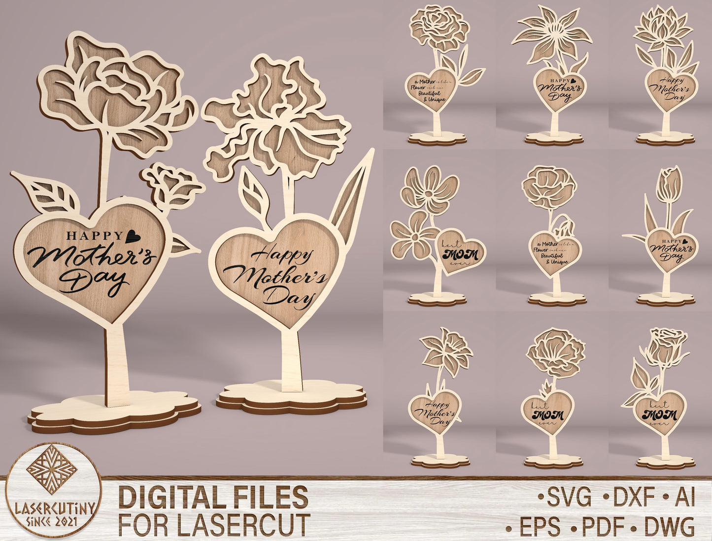 Mother's Day Flower Stand SVG Bundle 11 Designs for LightBurn and xTool