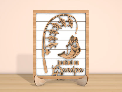 Hooked on Grandpa Fishing Laser Cut File | Personalized Fish Name Sign | Rustic Wooden Decor | Glowforge, xTool, LightBurn, etc.