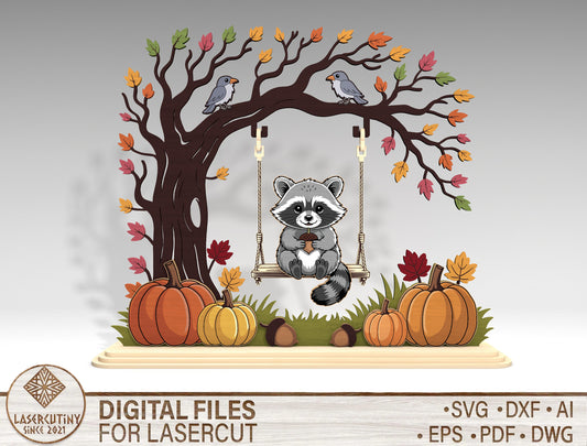 Raccoon on Swing Fall Scene SVG for Glowforge xTool LightBurn