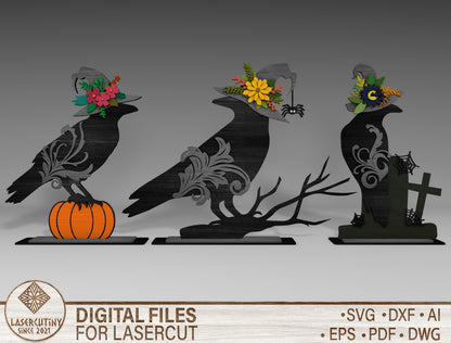 Halloween Raven Crow SVG Bundle for Glowforge xTool LightBurn 3 Designs
