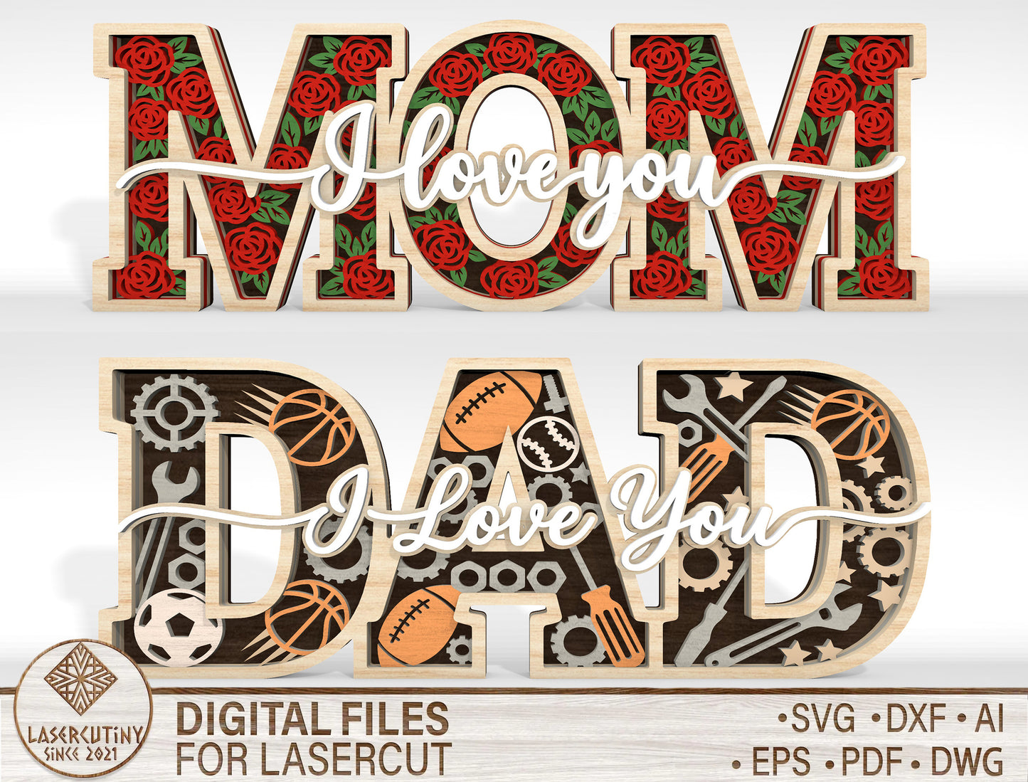 Multilayer I Love You Word Art SVG Bundle for Glowforge and xTool