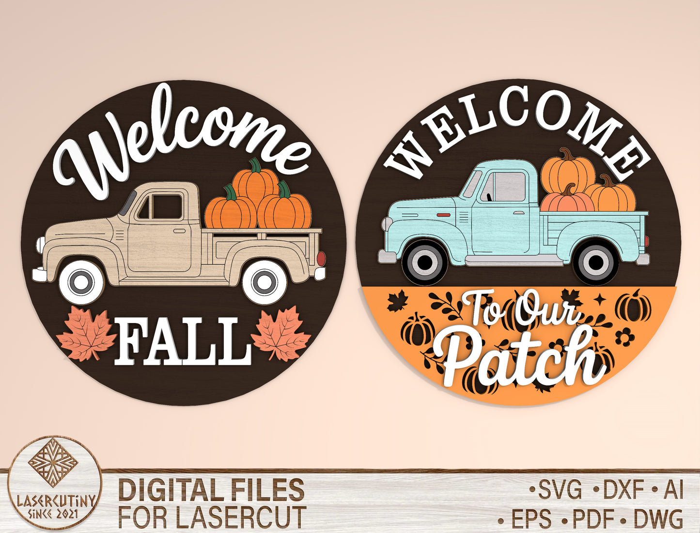 Welcome Fall and Welcome to Our Patch Truck Door Hanger SVG Set for Glowforge xTool LightBurn 2 Designs