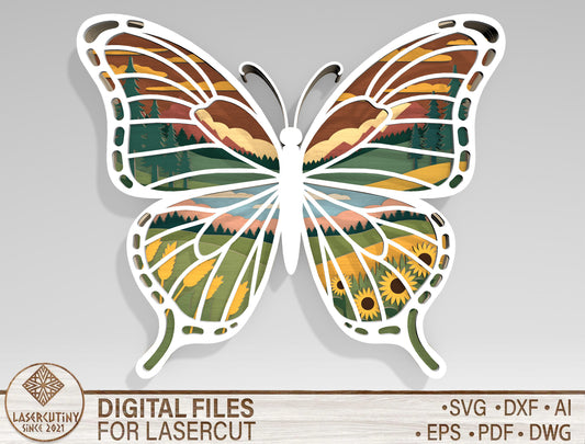 Multilayer Butterfly Landscape SVG Laser Cut File for LightBurn and Glowforge