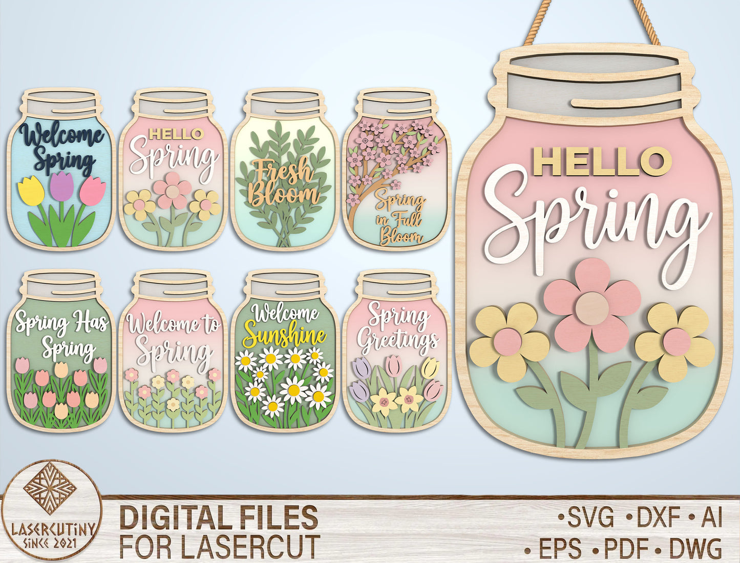 Spring Mason Jar Door Hanger SVG Laser Cut for LightBurn and Glowforge