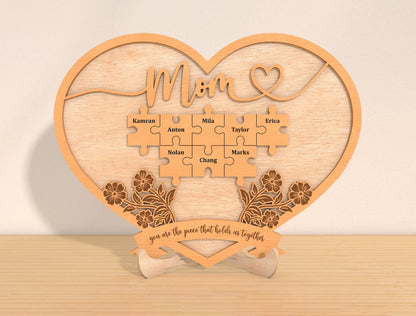 Personalized Mom Puzzle Heart Sign SVG 8 Names for Glowforge and xTool