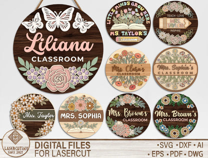Personalized Teacher Floral Classroom Sign SVG Bundle Laser Cut File for xTool