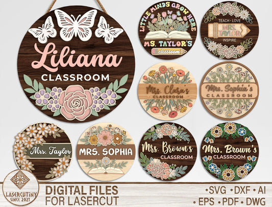 Personalized Teacher Floral Classroom Sign SVG Bundle Laser Cut File for xTool
