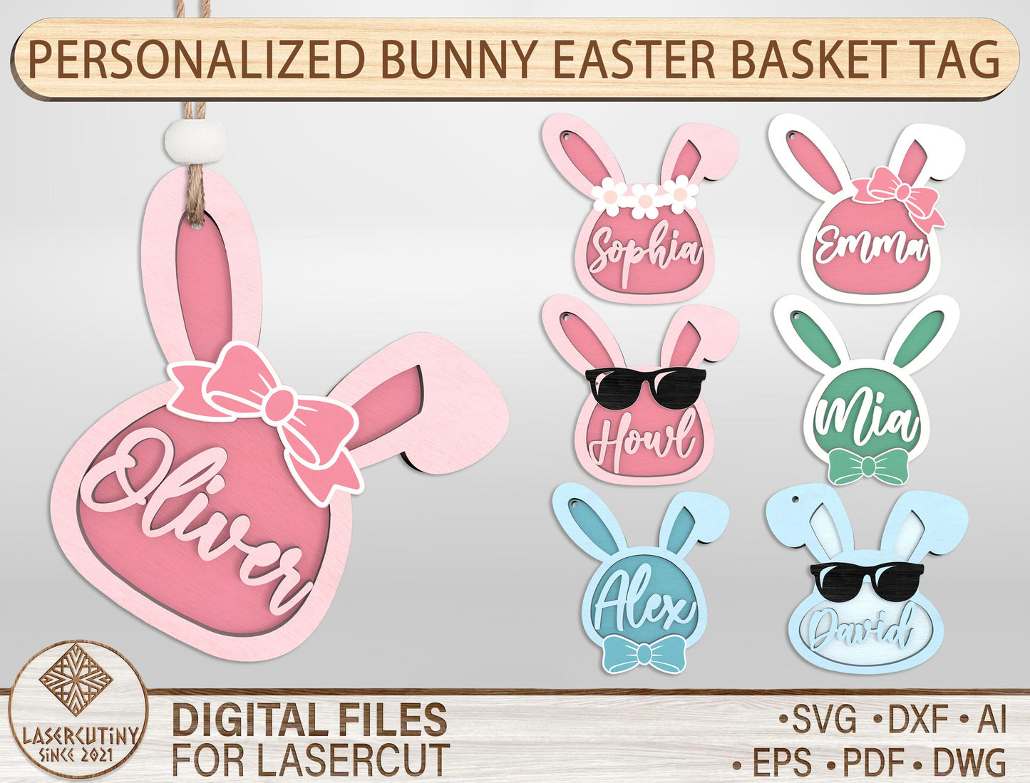 Personalized Easter Basket Tag SVG Bunny Name 7 Designs for Glowforge and xTool