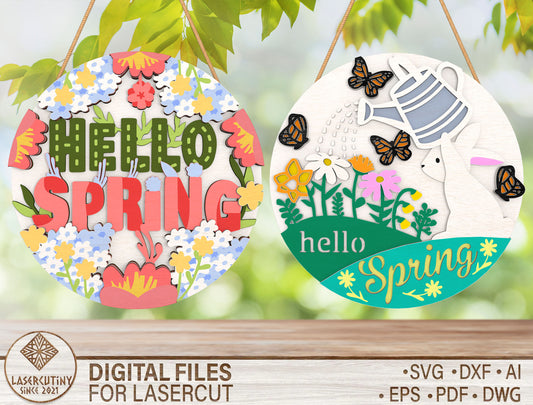 Hello Spring Floral Bunny Door Hanger SVG Bundle for LightBurn and xTool