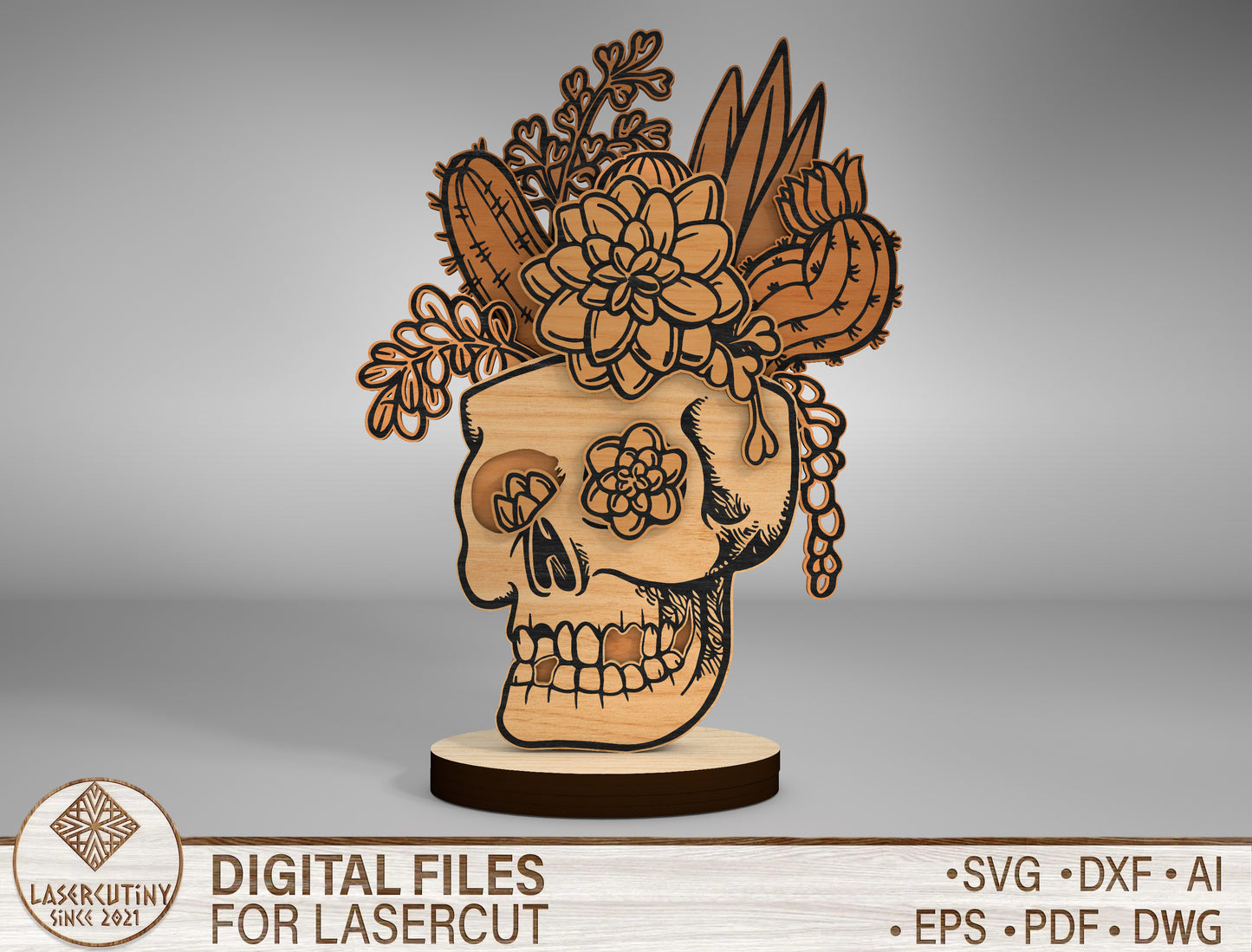 Halloween Skull Cactus Plant Multilayer SVG for LightBurn Glowforge xTool