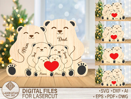 Sitting Bear Family Puzzle Sign SVG for Glowforge and LightBurn