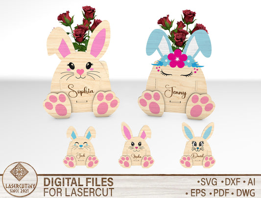 Personalized Easter Bunny Flower Holder SVG Name Vase for LightBurn and xTool
