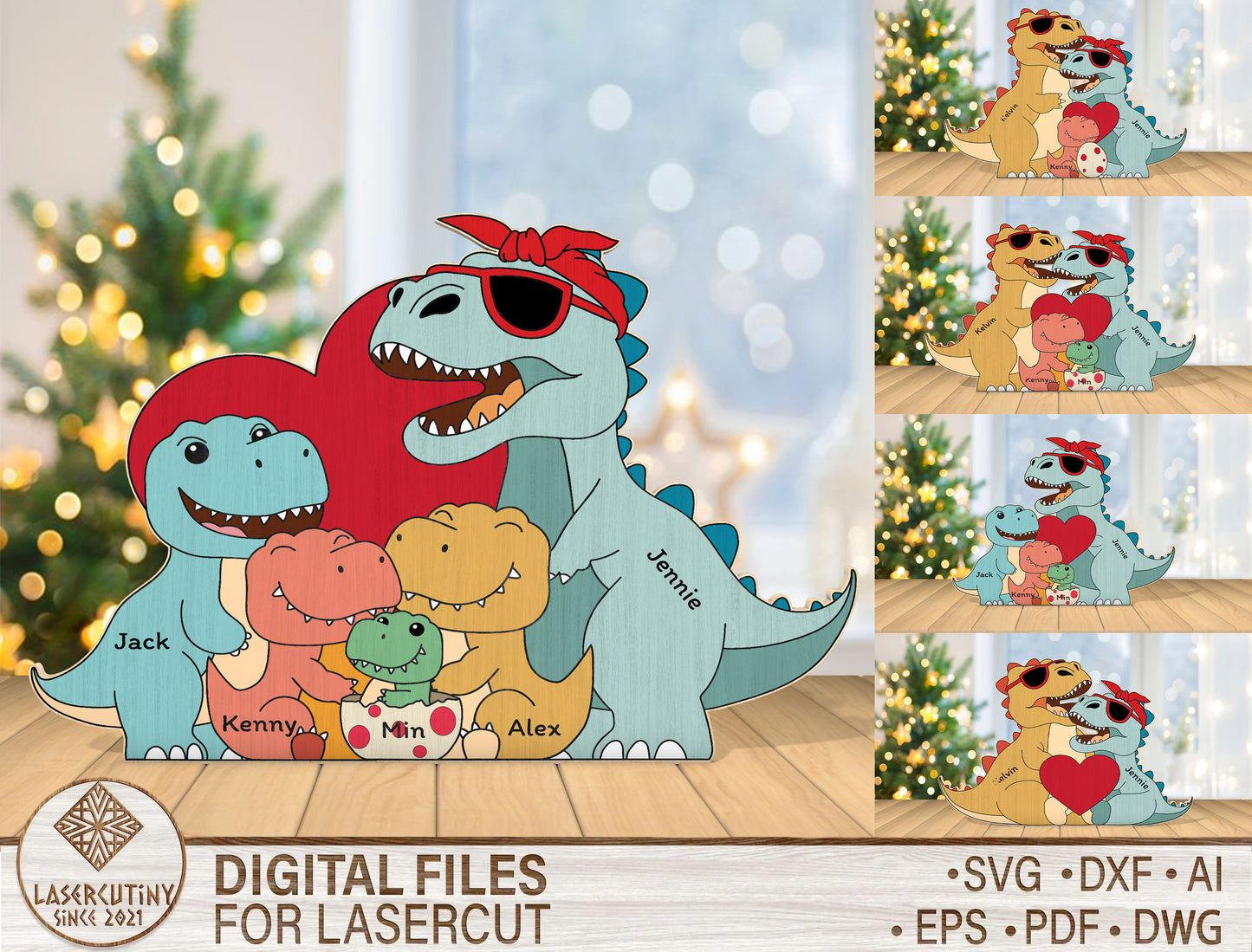 Personalized Dinosaur Family Puzzle SVG for Glowforge and xTool