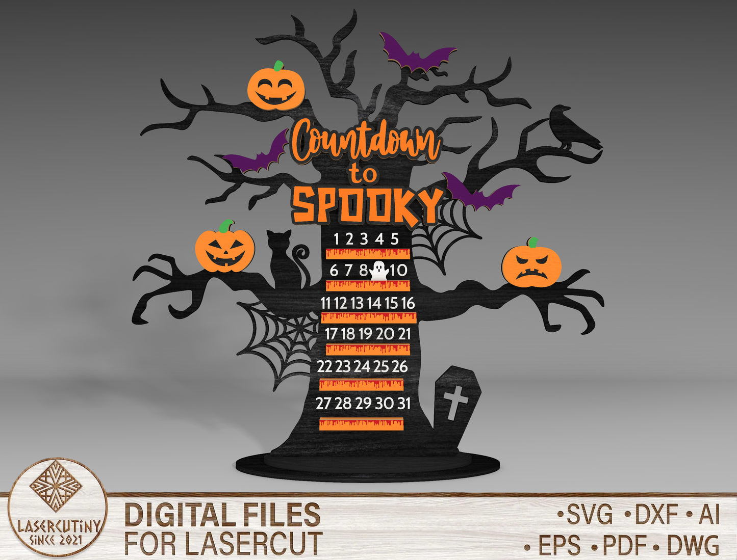 Halloween Countdown Tree SVG Calendar for Glowforge LightBurn