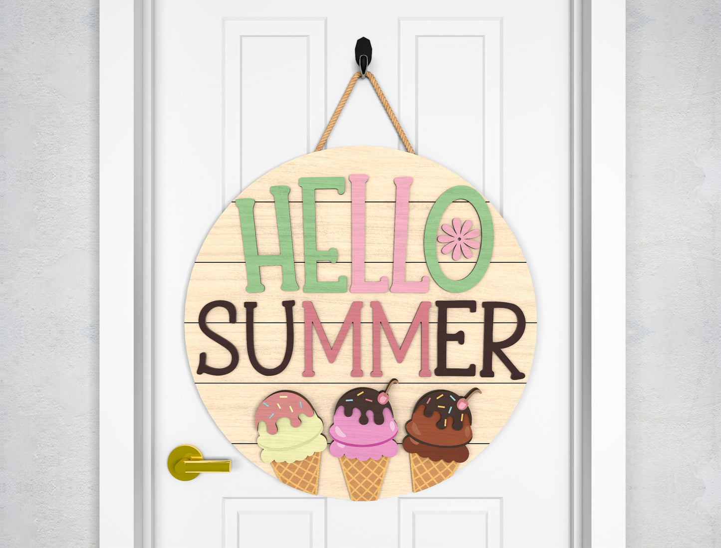 Hello Summer Ice Cream Door Hanger SVG Laser Cut File for Glowforge and xTool