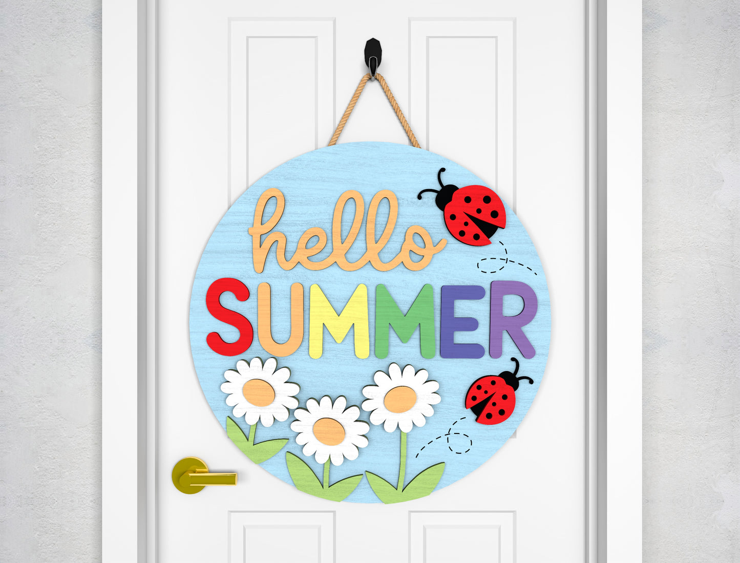 Hello Summer Daisy Ladybug Door Hanger SVG Laser Cut File for Glowforge and xTool