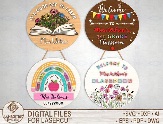 Classroom Round Sign SVG Bundle for Glowforge and LightBurn