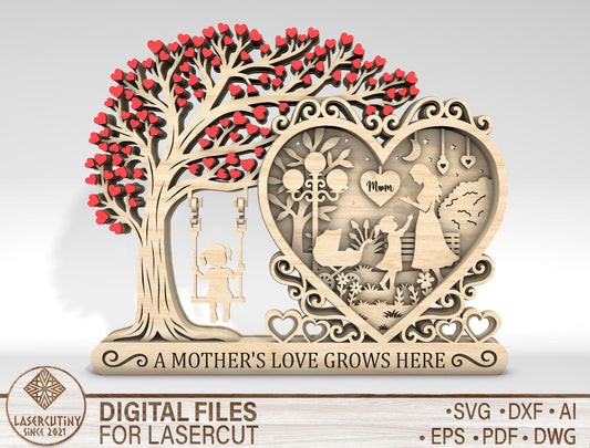 Layered Family Tree Heart SVG 3D Mother's Day Sign Laser Cut File for LightBurn and Glowforge