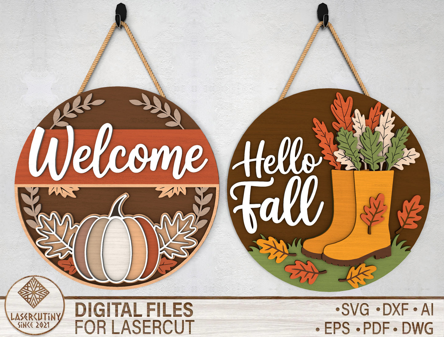 Welcome Pumpkin and Hello Fall Boots Door Hanger SVG Set for Glowforge xTool LightBurn 2 Designs