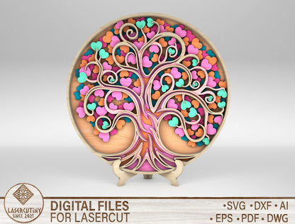 Colorful Heart Tree Round Sign SVG Multilayer for LightBurn