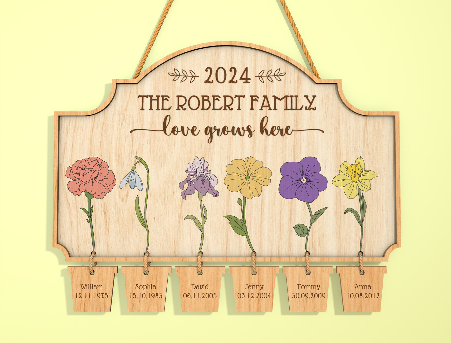 Custom Name Birth Flower Hanging Tag Sign SVG for LightBurn