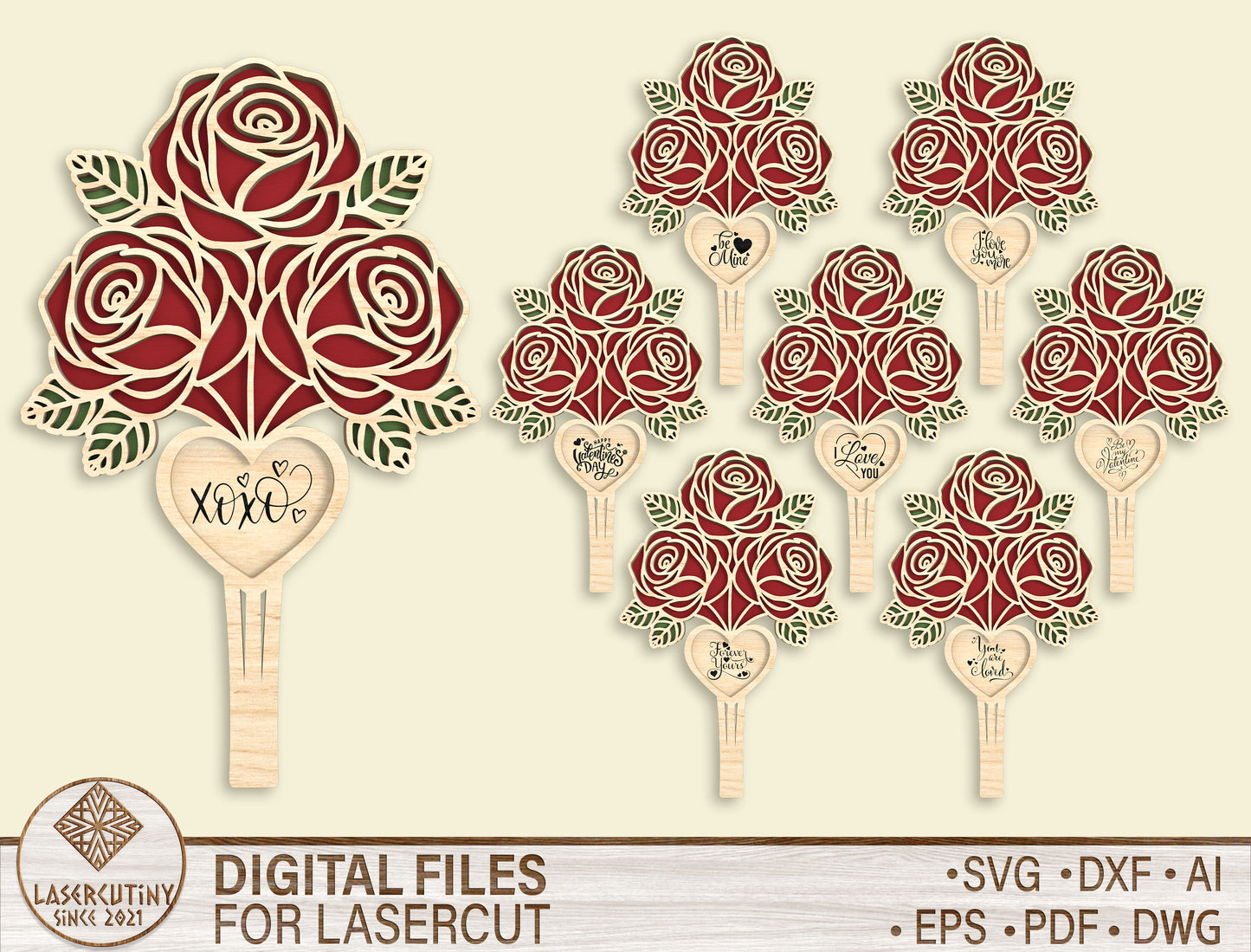 Rose Bouquet Pick Laser Cut File Bundle | Valentine Floral Decor | Wooden Rose Topper | Glowforge, xTool, LightBurn, etc.
