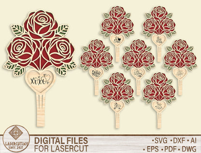 Rose Bouquet Pick Laser Cut File Bundle | Valentine Floral Decor | Wooden Rose Topper | Glowforge, xTool, LightBurn, etc.