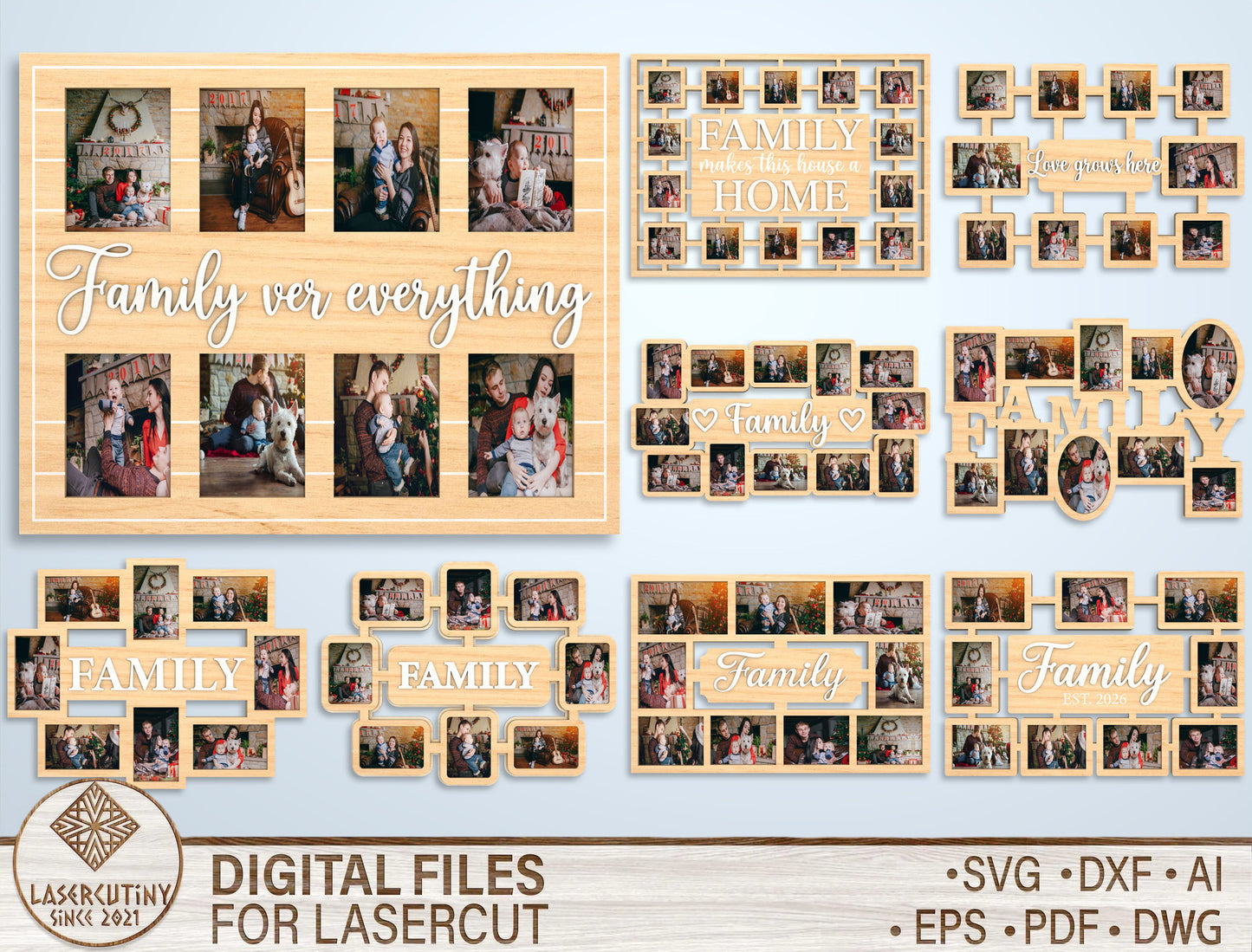 "Family Is Everything" Multi Photo Collage Frame SVG Laser Cut File for Glowforge and xTool