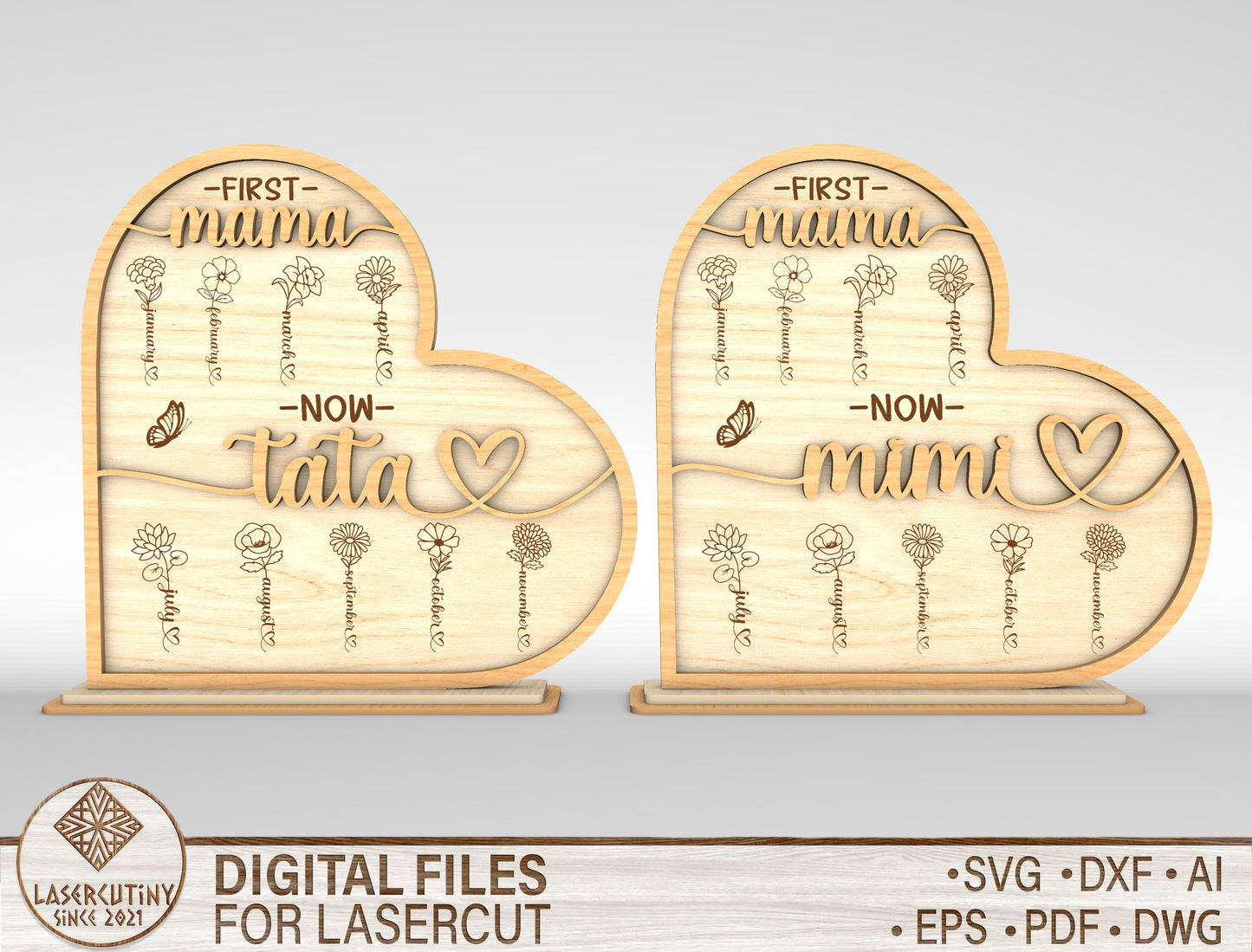 First Mama Now Tata Mimi Birth Flower Sign SVG Laser Cut File for LightBurn and xTool