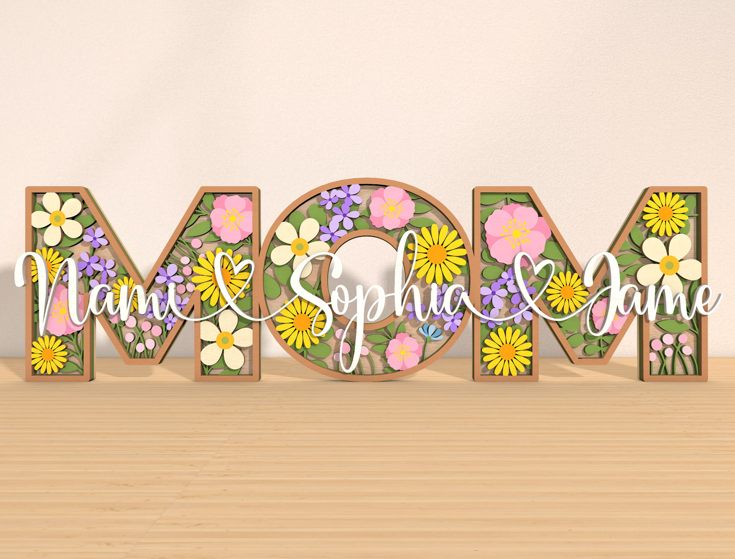 Personalized MOM Floral Name Laser Cut File | Custom Mother’s Day Decor | Layered Botanical Letters | Glowforge, xTool, LightBurn Compatible
