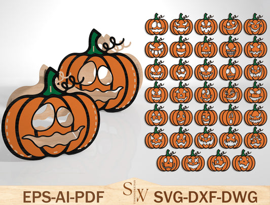 Halloween Pumpkin Face SVG Bundle Laser Cut File | 35 Jack O Lantern Designs | Spooky Wooden Decor | Glowforge, xTool, LightBurn, etc.