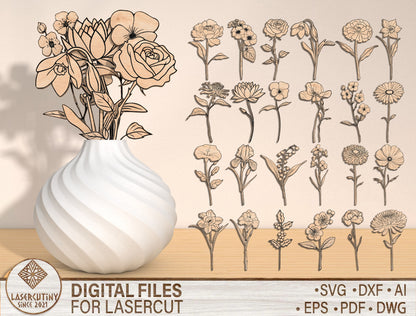 Birth Month Flower Name Stand SVG Bundle for Glowforge and xTool