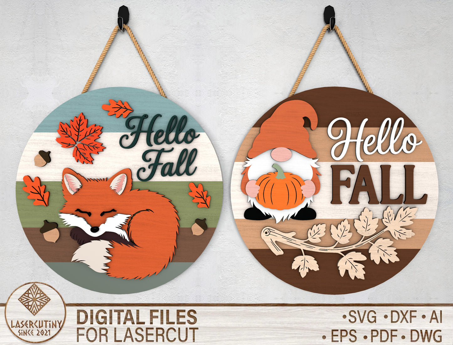 Hello Fall Fox and Gnome Door Hanger SVG Set for Glowforge xTool LightBurn 2 Designs