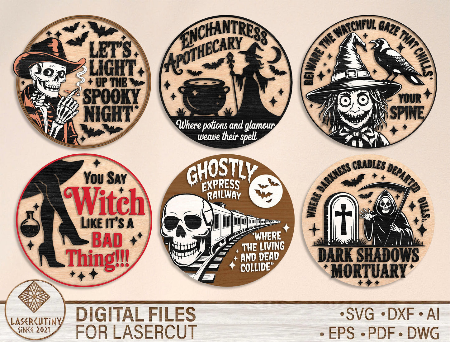Vintage Halloween Round Door Sign SVG Bundle for Glowforge xTool LightBurn 6 Designs