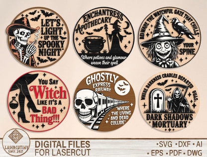 Vintage Halloween Round Door Sign SVG Bundle for Glowforge xTool LightBurn 6 Designs