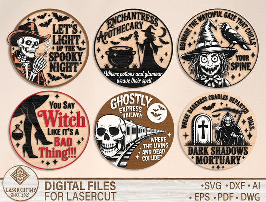 Vintage Halloween Round Door Sign SVG Bundle for Glowforge xTool LightBurn 6 Designs