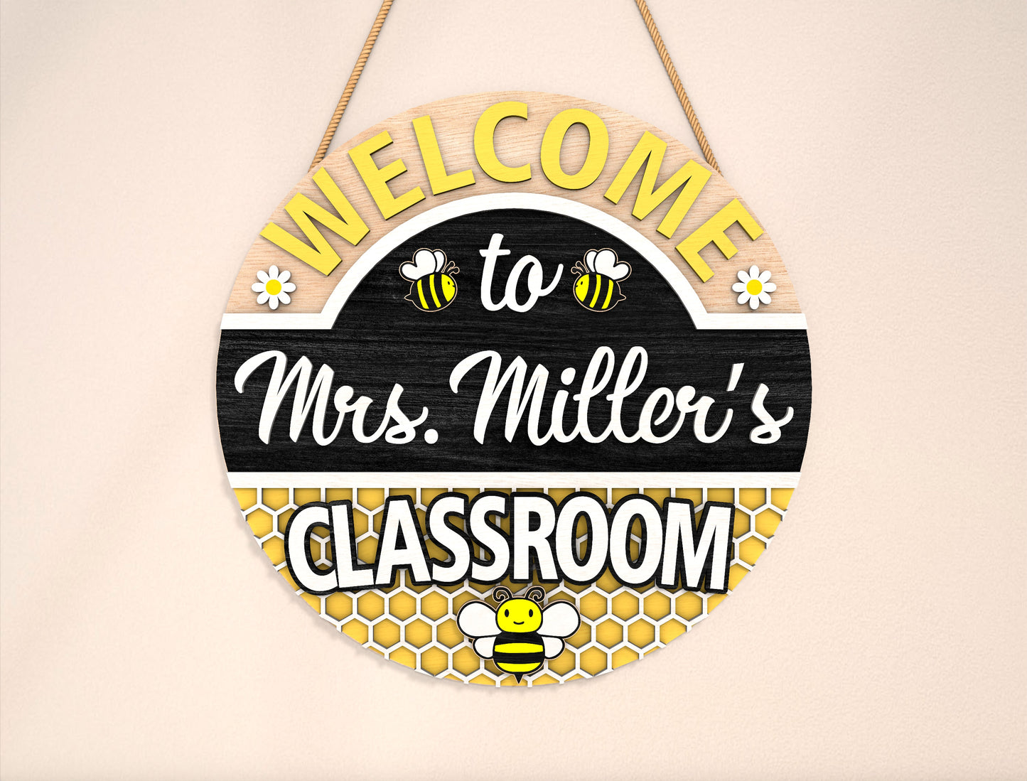 Personalized Bee Classroom Door Sign SVG Laser Cut File for LightBurn