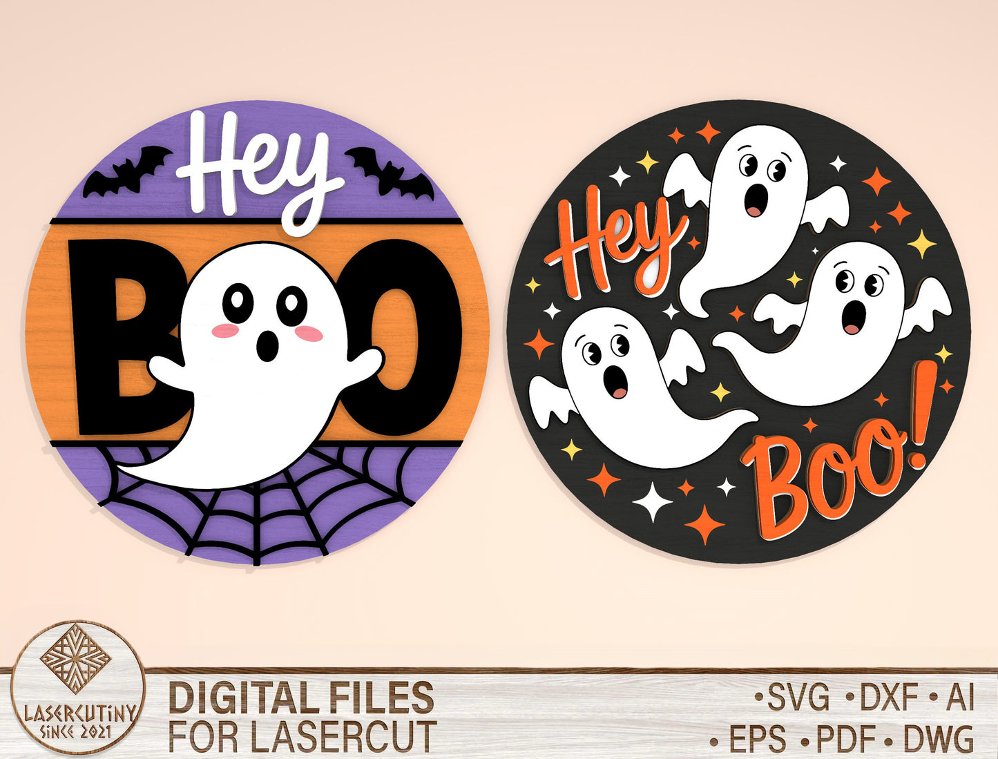 Hey Boo Ghost Round Door Hanger SVG Set for Glowforge xTool LightBurn 2 Designs