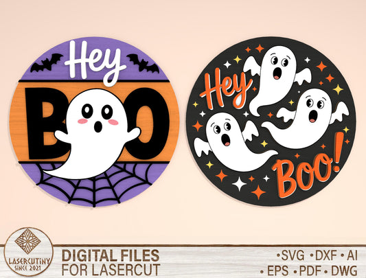 Hey Boo Ghost Round Door Hanger SVG Set for Glowforge xTool LightBurn 2 Designs