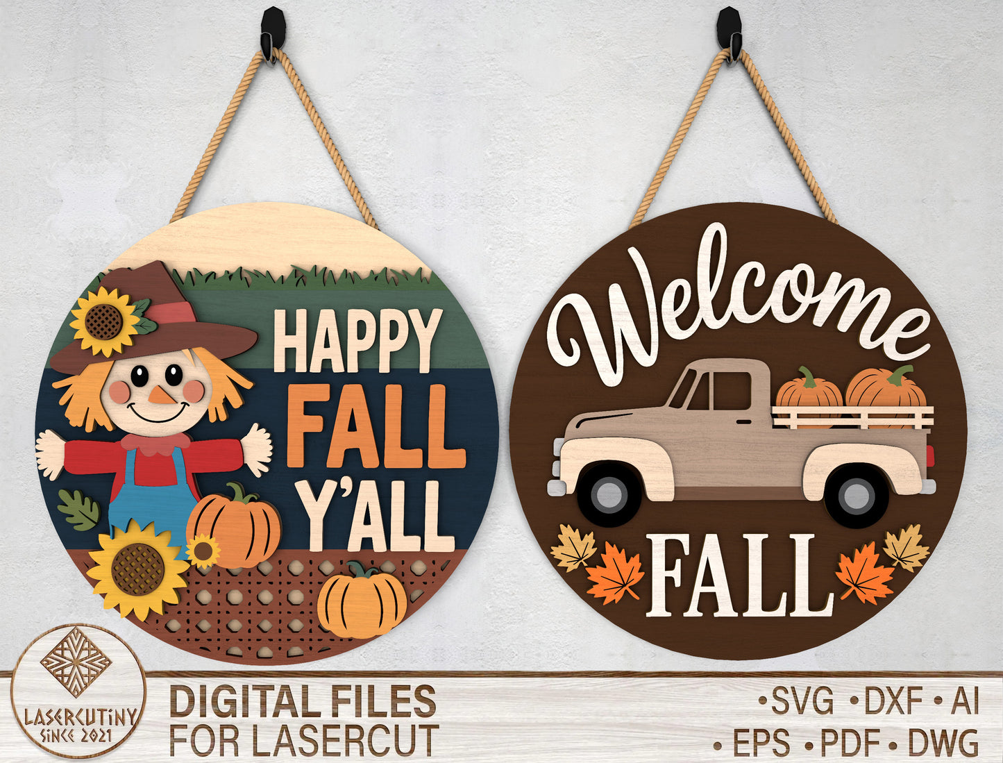 Happy Fall Y'all Scarecrow and Welcome Fall Truck Door Hanger SVG Set for Glowforge xTool LightBurn 2 Designs