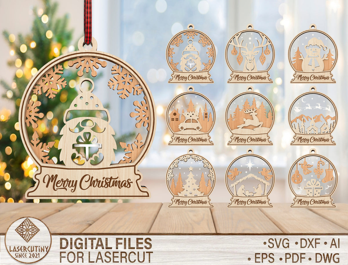 Christmas Snow Globe Ornament SVG Bundle Laser Cut Designs