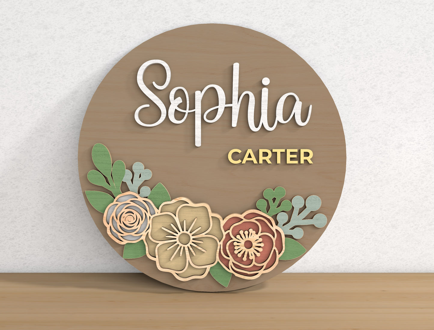 Personalized Floral Name Door Hanger SVG Custom Flower Round Sign Laser Cut File for Glowforge and xTool