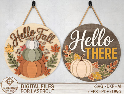 Hello Fall and Hello There Pumpkin Door Hanger SVG Set for Glowforge xTool LightBurn 2 Designs