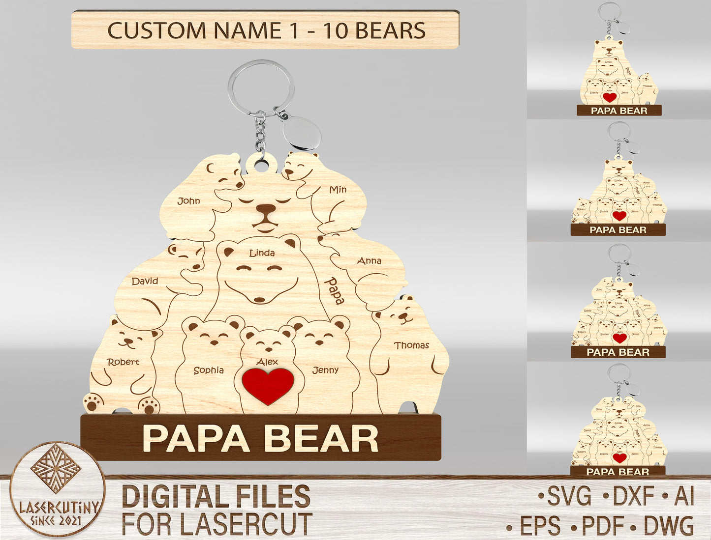 Personalized Papa Bear Puzzle Keychain SVG Laser Cut File for Glowforge and xTool