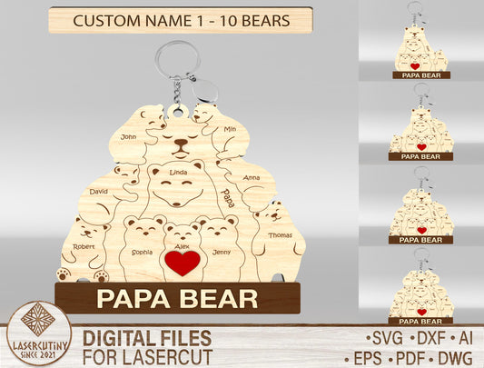 Personalized Papa Bear Puzzle Keychain SVG Laser Cut File for Glowforge and xTool